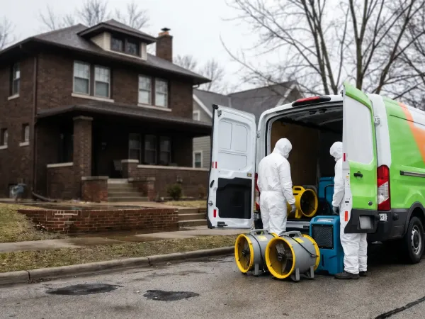 Water damage restoration technicians working in a flooded South Bend, IN basement