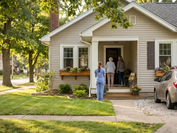 Home caregiver greeting elderly South Bend, IN resident and her adult daughter at the front door of a craftsman bungalow