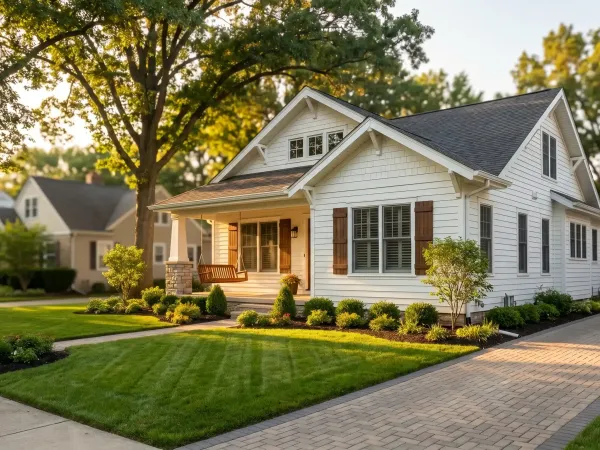 Real estate agent with a young couple in front of a craftsman home with a sold sign in South Bend, IN at golden hour