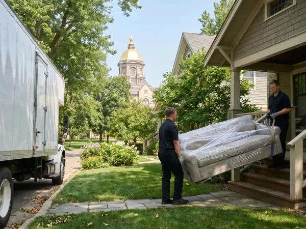 Professional movers loading a moving truck in front of a South Bend, IN craftsman home on a sunny summer day with Notre Dame's Golden Dome visible on the horizon
