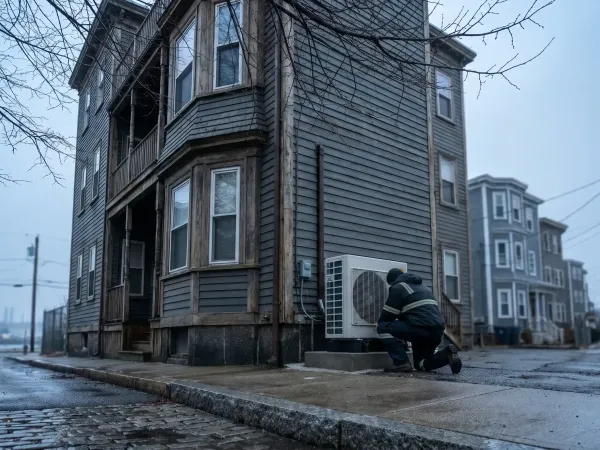 Professional HVAC technician servicing a heat pump on a New Bedford, MA residential building in winter