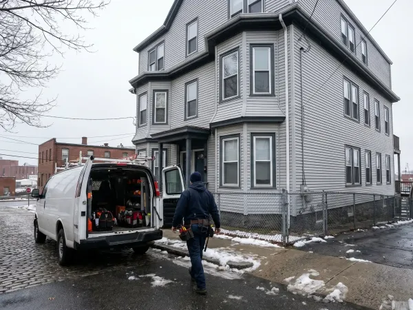 Professional plumber working on pipe repair in a New Bedford, MA residential apartment