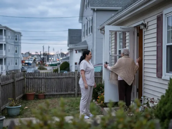 Professional caregiver assisting an elderly client at home in a New Bedford, MA residential neighborhood