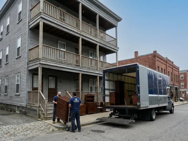 Moving truck and two professional movers loading furniture outside a New Bedford, MA triple-decker apartment building