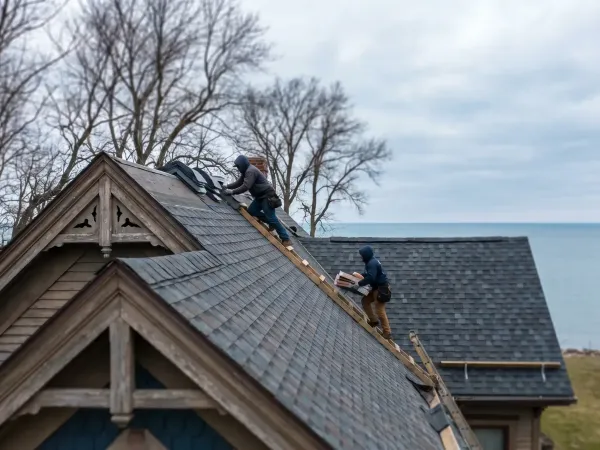 Professional roofer installing shingles on a Victorian-era home in Erie, PA