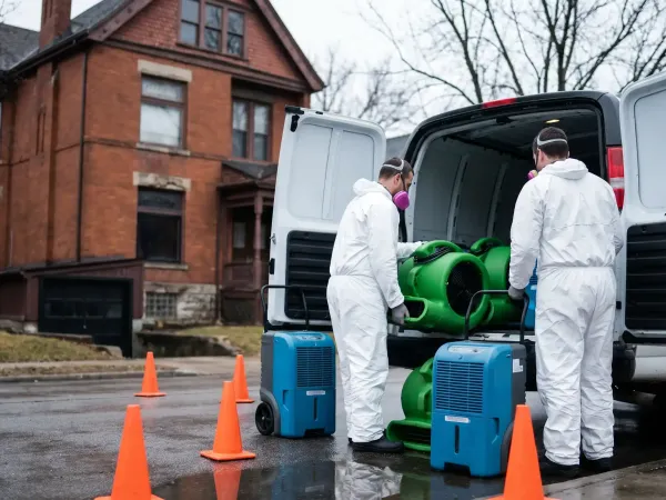 Water damage restoration technician using moisture meter in a flooded Erie, PA basement