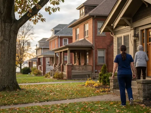 Professional caregiver in navy scrubs arriving at a craftsman-style home in Erie, PA, greeted by an elderly resident at the front door