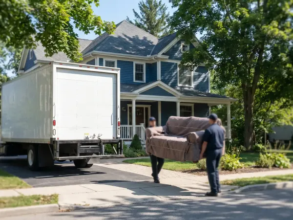 Two professional movers carrying furniture into a Victorian-style Erie, PA home on a tree-lined street in summer