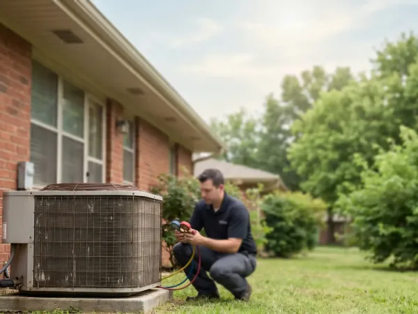 Professional HVAC technician servicing an outdoor air conditioning unit at a red brick ranch home in Fort Smith, AR