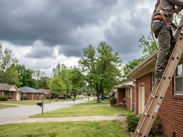Roofing contractor installing architectural shingles on a Fort Smith AR residential home with storm clouds on the Arkansas horizon