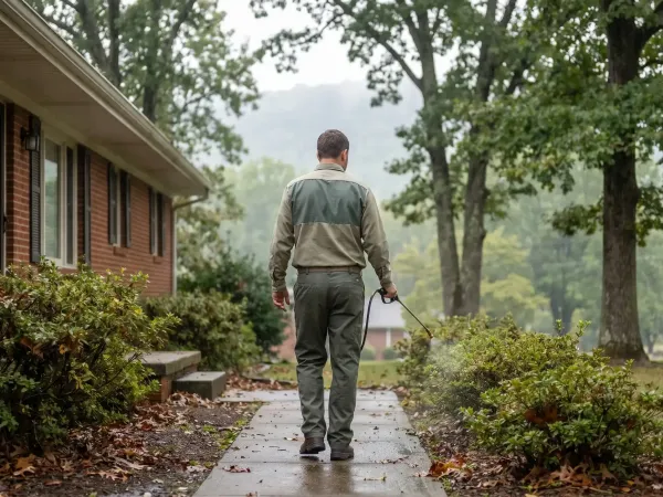 Pest control technician in branded uniform treating the foundation of a brick ranch home in Fort Smith AR surrounded by mature oak trees