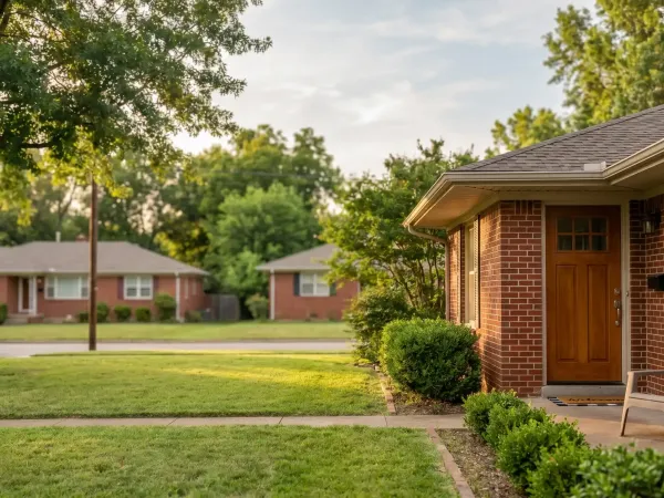 Professional caregiver in a branded polo greeting an elderly woman at the front door of a tidy Fort Smith brick bungalow on a warm sunny afternoon with Arkansas hardwood trees framing the scene