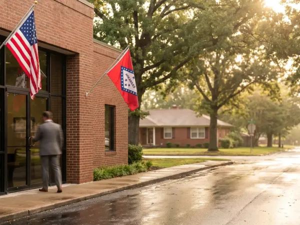 Professional attorney in business attire standing at the entrance of a classic brick law office near the Sebastian County Courthouse in Fort Smith AR on a bright afternoon