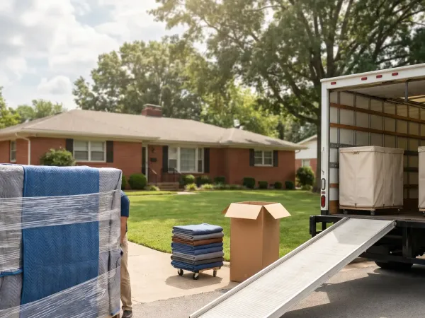 Professional moving crew in branded uniforms carefully loading wrapped furniture into a clean moving truck parked in the sunny driveway of a classic Fort Smith brick home with mature oak trees lining the street