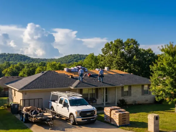 Professional roofing crew installing new shingles on a Springdale, AR residential home after storm damage