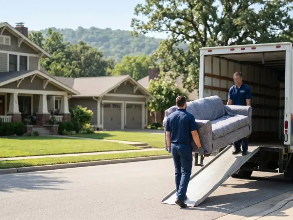 Professional moving crew loading a branded truck in front of a craftsman-style home in a Springdale, AR neighborhood