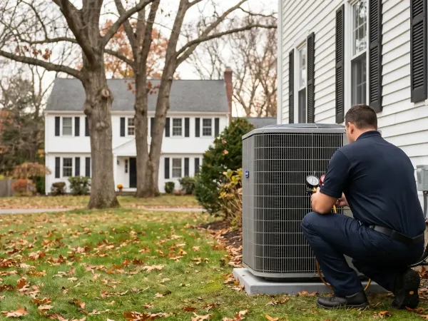HVAC technician inspecting a new heat pump unit beside a white colonial home in Warwick, RI