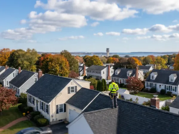 Roofing contractor installing architectural shingles on a pitched New England cape-style home in Warwick, RI