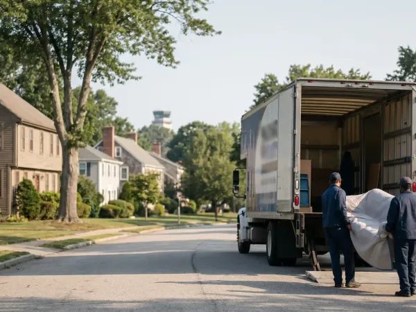 Uniformed moving crew loading furniture into a branded moving truck on a residential street in Warwick, RI with T.F. Green Airport visible in the background
