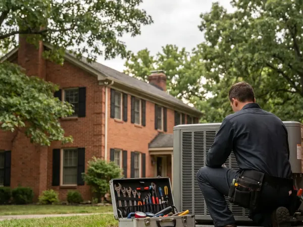 HVAC technician inspecting gas furnace in Bloomington, IN residential utility room