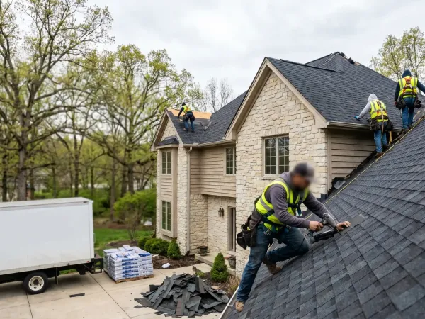 Roofing estimator reviewing hail damage on Bloomington, IN residential roof with insurance form