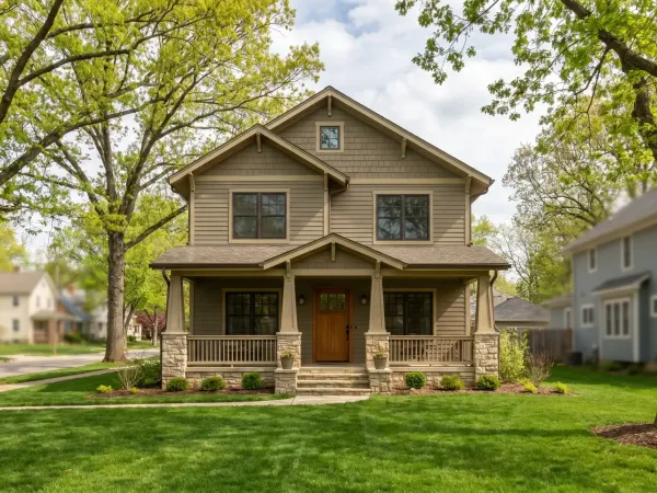 Real estate agent and buyers approaching craftsman home for sale in Bloomington, IN residential neighborhood
