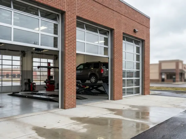 Mechanic performing oil change on lifted vehicle in Bloomington, IN auto repair shop service bay