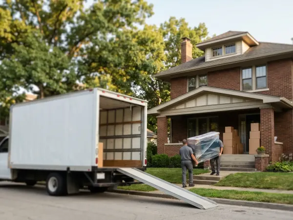 Professional movers carrying wrapped furniture from Bloomington, IN craftsman home to branded moving truck
