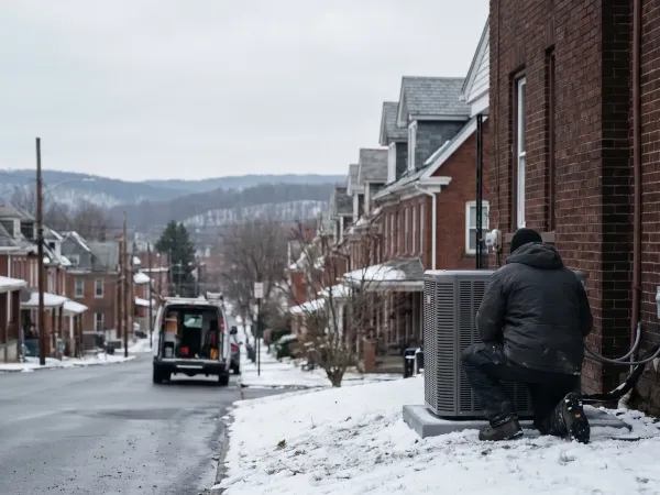 HVAC technician servicing a heating unit beside a red brick rowhouse in Scranton, PA