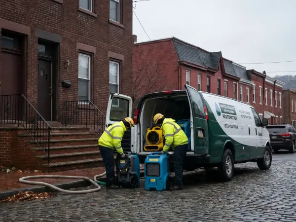 Water damage restoration technician in Tyvek PPE using moisture meter in a Scranton, PA stone-foundation basement with industrial dehumidifiers