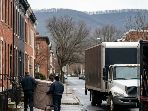 Moving crew in matching uniforms carrying wrapped furniture into a red brick Scranton rowhouse with iron railings and stoop on a summer morning