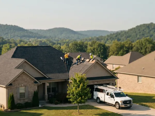 Professional roofing contractor installing architectural shingles on a suburban Rogers, AR home with Ozark hills in the background