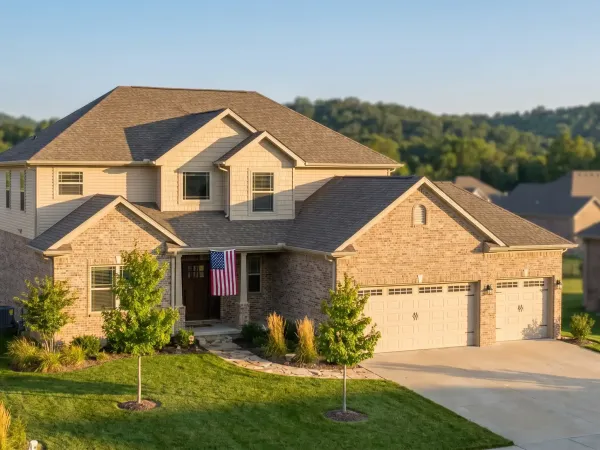 Professional real estate agent welcoming a couple to a two-story brick home in a new Rogers, AR subdivision with Ozark hills visible in the background