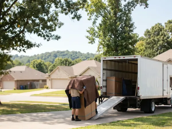 Professional moving crew in uniforms loading a branded moving truck outside a Rogers, AR suburban home with tree-lined street and Ozark hills in the background